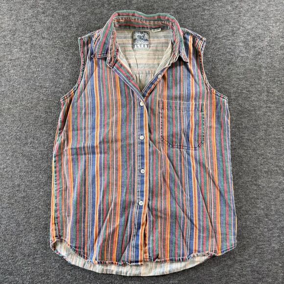 Retro Vintage Striped Denim Western Sleeveless Button up Shirt Cowgirl Tank M - Picture 1 of 4
